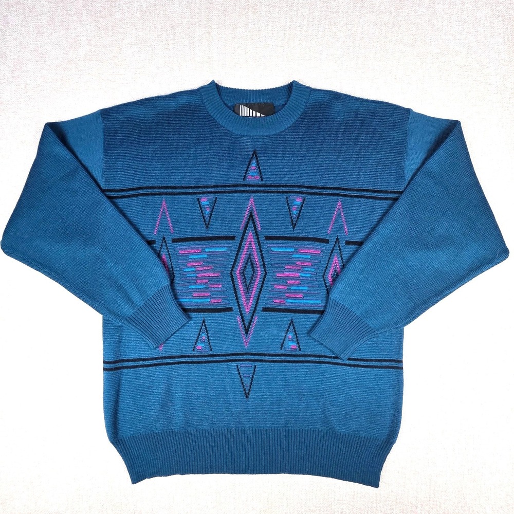 VTG Inside Edge Geometric Aztec Crewneck Sweater Mens M Teal Blue Wool Blend